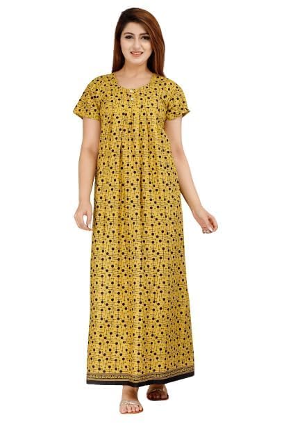 Image of NILOUFO Women's Cotton Printed Maxi Nighty - Pack of 2 | Soft Ankle-Length Sleepwear Gowns for Women | Free Size Night Dresses (Musterd,Red, Free Size)