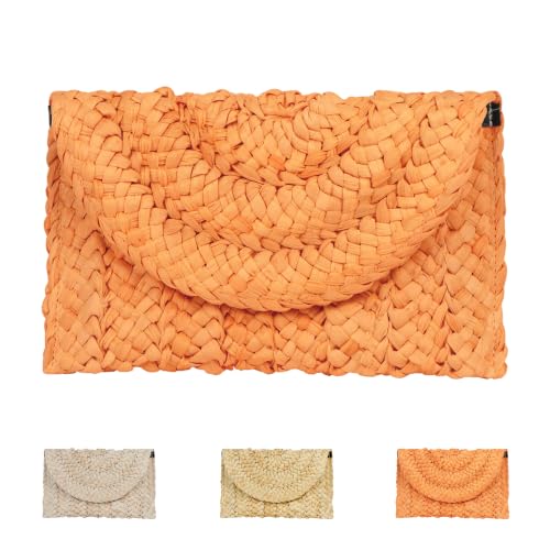 Paxory Straw Beach Clutch Bag for Women Summer Boho Handmade Woven Beach Handbag Casual Straw Clutch Bags for Summer Sandybeach Travel Holiday Vacation (Orange)