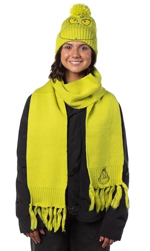 Dr. Seuss The Grinch Embroidered Design Adult Knit Scarf and Pom Cuffed Beanie Set4