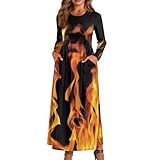 Frymappies Fire Flame Long Sleeve Dress for Women Maxi Dresses Plus Size Empire Waist Dress Casual Crewneck T Shirt Dress Formal A Line Elegant Dress Swing Flowy Party Dress Fall Outfits M