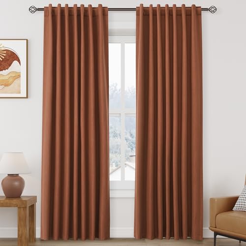 Image of Nanspring Terracotta 100% Blackout Linen Curtains 84 Inch Length 2 Panels Set for Bedroom Back Tab Boho Farmhouse Decor Black Out Curtain for Living Room Office Thermal Insulated Drapes 52x84
