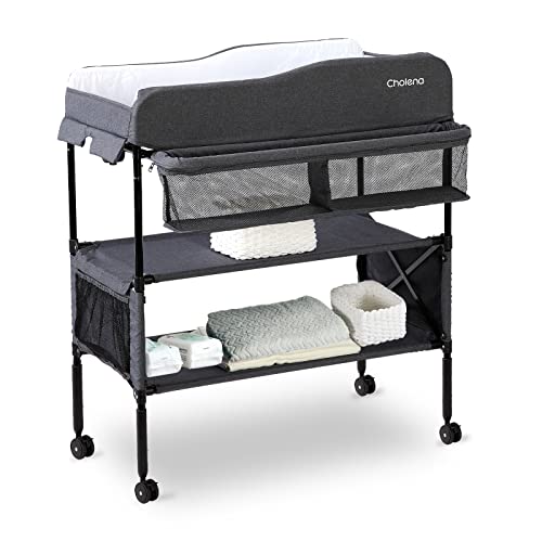 Baby Changing Table Portable Adjustable Changing Station for Tall, Foldable Diaper Changing Tables, Easy Clean Changing Table Topper, Large Storage Cholena Changing Station for Nursery, Deep Grey
