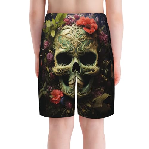 Boys Swim Trunks Beach Board Shorts Summer Bathing Suits Teen Kids, Skull Flowers Weed4