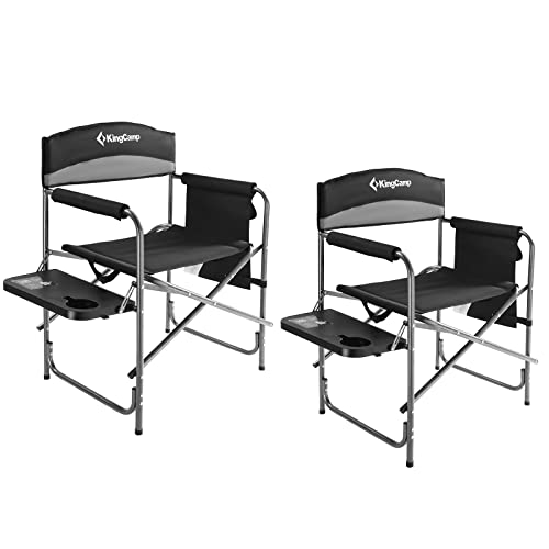 folding camp chair with table - KingCamp Camping Chairs 2 Pack with Side Table Cup Holder, Outdoor Portable Folding Directors Style for Beach Trip Lawn Picnic Patio Backyard Festival Hiking Sports Event, One Size, Black/Medium Grey