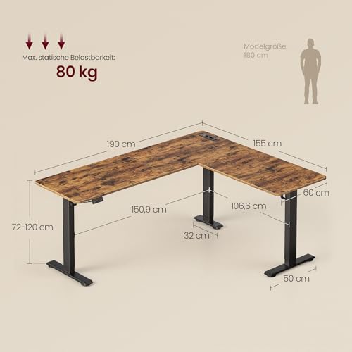 VASAGLE Höhenverstellbarer Schreibtisch, 190 x 155 cm, L-förmiger Eckschreibtisch, Stehtisch, 2 AC-Steckdosen, 2 USB-A-Anschlüsse, Ablage für Steckdosenleiste, für Büro, vintagebraun LSD295KD01