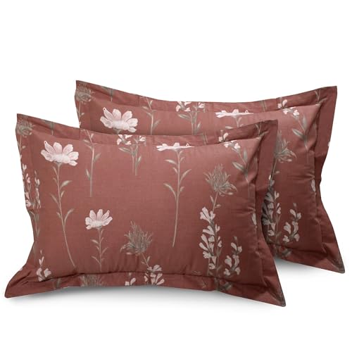 Image of HUESLAND by Ahmedabad Cotton 144 TC Double Bedsheet Cotton with 2 Pillow Covers | Rust, White & Grey