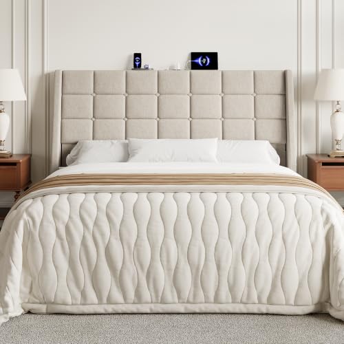 Image of Queen Size Headboard with Charging Station, Wingback Ergonomic Headboards | Wingback Upholstered Bed Head Board with Storage Pocket, Sturdy Stable Solid Wood Headboard, Bed Frame Adapters, White Beige