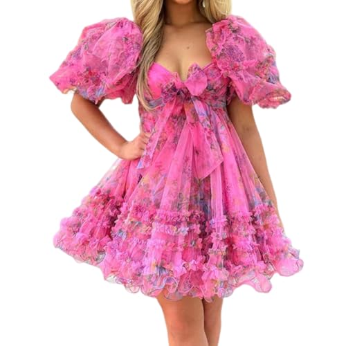 ALFEICE Puffy Sleeves Tulle Homecoming Dresses for Teens Tiered A Line Short Prom Dresses Printed Cocktail Formal Party Gwons