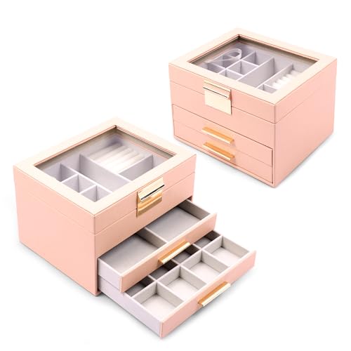 Image of BucketList Luxury PU Leather Jewellery Organizer Box with Glass Top | Multi-Drawer Jewelry Storage Case with Ring Slots & Compartments | Elegant Lockable (2 Drawers Jewellery Box (Pink))