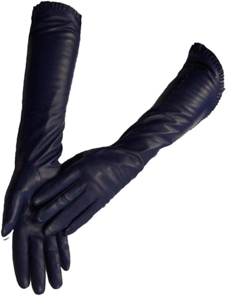 レディースシープスキンレザーグローブ暖かいミトンロングスタイル保温アームスリーブ V 字型フリル付き