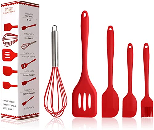 Image of Delcon Set of 5 Non-Stick Premium Silicone Spatula & Kitchen Utensil Set for Cooking, Baking & Mixing | Seamless One-Piece Design | Heat-Resistant -40C to 230C | Food-Grade & BPA-Free (Red)