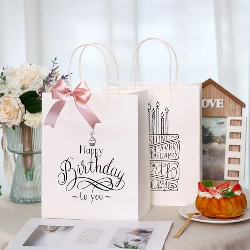 OUTUXED 150pcs Gift Bags, White Paper Bag with Handles 8x4x10in Medium Size Kraft Bags for Party, Businesses