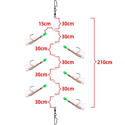 Shikada 5 Packs Fishing Bait Rigs Saltwater, Mix-Flash Sabiki Rigs,Luminous Pink&White Silk, Glow Soft Bait, Aurora Fish Skin Fishing Rigs, Glow Beans, Sharp Carbon Hooks Size 18#,20# Easy Use #TOP3