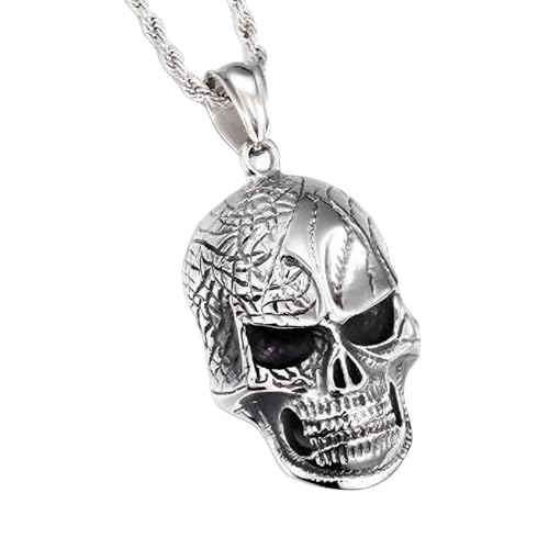 LUSSO 925 Sterling Silver Skeleton Choker For Men, Vintage Gothic Punk Skull Pendant Necklace Men Viking Skeleton Charm Twisted Long Chain Choker For Halloween