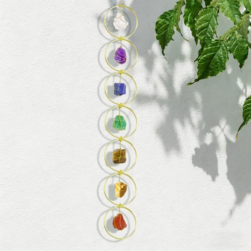7 Chakra Stones Wall Decor, Natural Raw Crystals on Gold Metal Hanging Ornament for Chakra Balancing, for Home Decor (7 Chakra)