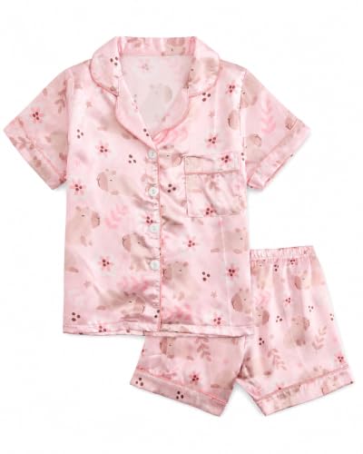 JiAmy Mädchen Satin Pyjama Kurzarm 2-teilig Schlafanzug Kinder Sommer Nachtwäsche mit Knopfleiste Weiches Seidiges Schlafanzug Set für 160 Kurzarm-Rosa Capybara