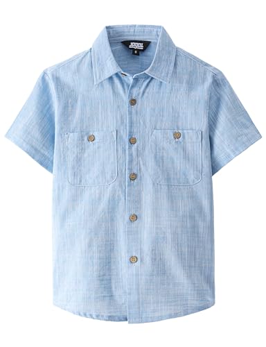 JOGAL Boys Chambray Shirts Short Sleeve Button Down Casual Cotton Woven Shirt with Two Pockets for Kids 6-14 Years SkyBlue 10