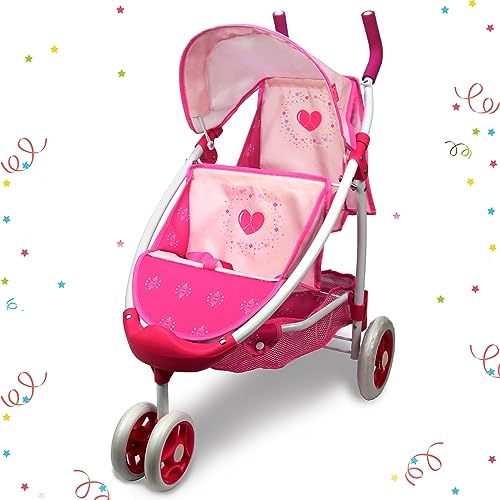 ANIVIA Twin Doll Stroller Heart Design 1:1 Foldable Double Doll Pram Suitable for Ages 3+ Dolls Up to 36cm Pink DA601T Black