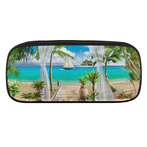 ペンケース 筆箱 大容量 軽量 ハワイアン風 海 砂浜 ココナッツの木 筆入れ ふでばこ ペンポーチ 多機能 コンパクト シンプル おしゃれ 中小学生 高校生 女の子 男の子