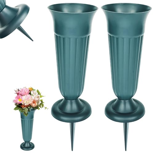 Lot de 2 vases funéraires avec piquet de terre - Vase de cimetière avec socle - Pour fleurs humides et sèches - Décoration funéraire, cadeau commémoratif, perte d'un être cher