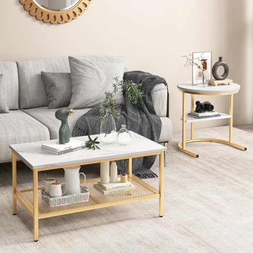 COSTWAY 2er Set Couchtisch, Beistelltisch Marmor Optik mit Metallrahmen & Ablage, Kaffeetisch Wohnzimmertisch Sofatisch für Wohnzimmer, Schlafzimmer (Weiß + Golden) – Bild 3