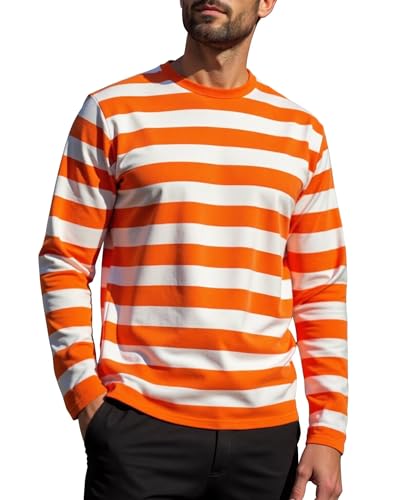 RGJU Striped Shirt Men Long Sleeve Cotton Blend Tee Stripes Crewneck(Orange&White WD XL)