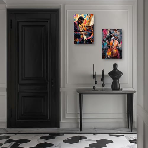 PBXBJY Black Music Wall Art Jazz Canvas Prints 2 Pieces African American Playing Piano and Violin Pictures Print Vintage Music Themed Poster Classroom Bar Decor Framed (16L x 12W x 2Ps)