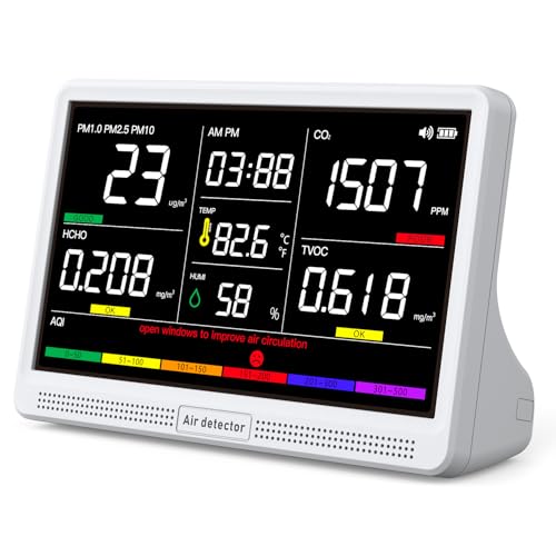 16 in 1 Air Quality Monitor Indoor 7" Display, 7-Hour, 9 AQI+7 AQI Alerts Air Quality Meter for Wildfire CO2, TVOC, PM2.5 PM1.0 PM10, HCHO, Temp/Humidity AQI &amp; Time, Air Detector Air Quality Tester