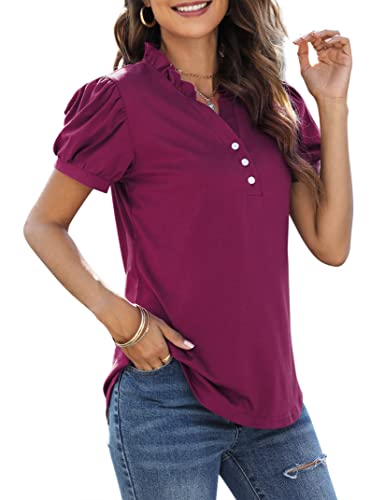 Womens Puff Short Sleeve Tops Summer Casual V-Neck T Shirts Loose Elegant Solid Tunic Blouses