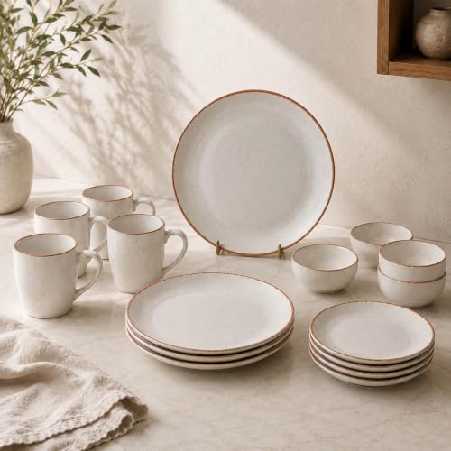 Image of The Earth Store White Matte Brown Ceramic Dinner Set of 16 - 4 Dinner Plates, 4 Quarter Plates, 4 Vegetable Bowls & 4 Coffee Mugs | Premium Dinner Set for Home & Dining