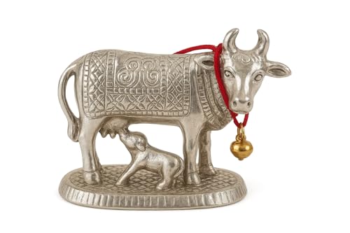 Image of Kamdhenu Cow and Calf Statue | Silver Matte Finish Decorative Murti Decorative | Handcrafted Holy Idol | Vastu Spiritual Showpiece | Home Office Decor | Housewarming Diwali Gift