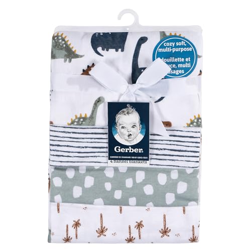 Image of Gerber Unisex Baby 100% Cotton Flannel Receiving Blankets 30x30 Inches (Pack of 16), Dino Time, One Size