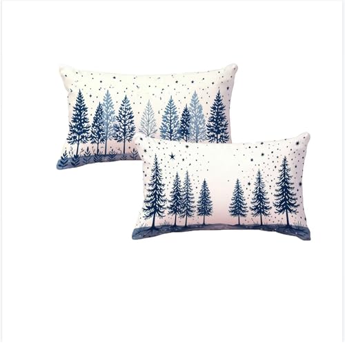 Taie oreiller 50x80cm Noël imperméable en lin bleu marine avec zip invisible