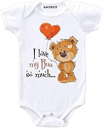 KNITROOTBua Family Special Onesies, Unisex Baby Kids Cotton Lycra Envelope Neck Half Sleeve White Romper, Bodysuit, Sleepsuit, I Love My Bua So Much, Infant Cloth for Boys & Girls