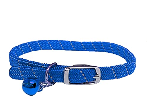 Collier réfléchissant en tissu doux pour chat/chaton avec élastique de sécurité et clochette avec dégagement de sécurité (bleu)