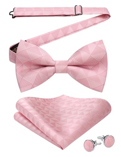 Image of HISDERN Mens Plaid Bow Tie Set Pocket Square and Cufflinks Bowtie | Pretied Bowties Design for Easy Wear,Check Pattern,Matching Handkerchief Cuff Link,3PCS Set Wedding Formal Party Groom Prom