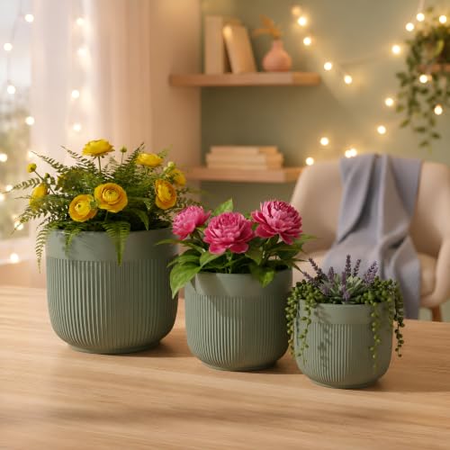 Image of Xtore Verde Ceramic Ribbed Planter Set | Soft Tone Vertical Groove Plant Pots for Home, Office & Living Room Decor - (Set of 3, Green, Planter ONLY)