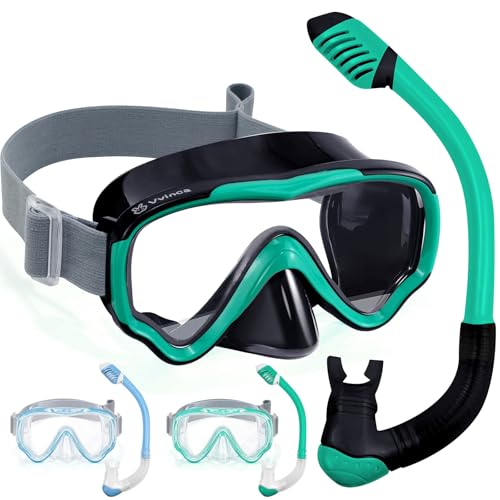 Vvinca Snorkel Set for Kids 3-14, Dry Top Snorkeling Gear for Boys Girls Youth, Panoramic View Swim Goggles with Nose Cover & Anti-Fog Lens, Scuba Diving Mask with Adjustable Soft Fabric Strap Black