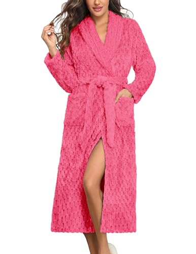 Ekouaer Women's Robe Long Plush Soft Bathrobe Jacquard Color Block Robes Shawl Collar Sleepwear with Pockets S-XXL