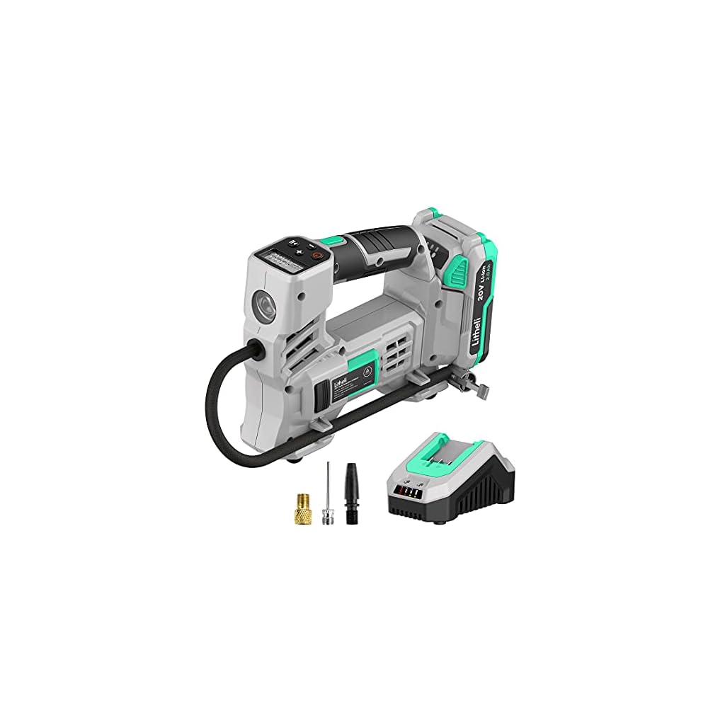 Litheli-20V-Air-Compressor-Tire-Inflator-Portable-Air-Pump-for-Car-Bike-Sport-Ball-Battery-Tire-Pump-with-Digital-Pressure-Gauge-3-Nozzle-Adapters-150-PSI-with-20-Ah-Battery-Charger