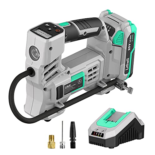 Litheli 20V Air Compressor Tire Inflator, Portable Pump for Car, Bike, Sports Ball, Battery Powered with Digital Pressure Gauge, 3 Nozzle Adapters, 150 PSI, Includes 2.0Ah Battery & Charger
