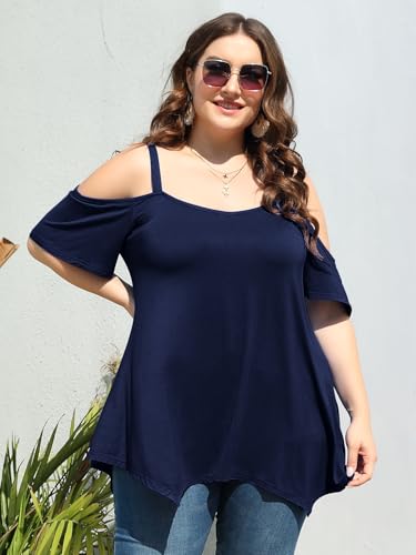 Image of LARACE Cold Shoulder Tops for Womens Summer Clothes Spaghetti Strape Tunic Oversized Shirts Asymmetrical Plus Size Blouse