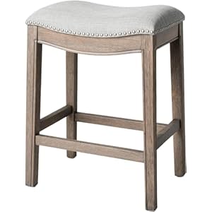 Maven Lane Adrien 26 Inch Counter Height Upholstered Backless Saddle Barstool in Reclaimed Oak Finish with Ash Grey Fabric Cushion Seat Maven Lane Adrien 26 Inch Counter Height Upholstered Backless Saddle Barstool in Reclaimed Oak Finish with Ash Grey Fabric Cushion Seat