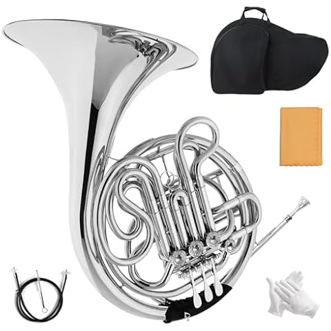French Horn,F/Bb Tone 4-Key Double French Horn, Premium Brass Body French Horn, Professional Grade Double French Horn, Comes with French Horn Case, Gloves, Wiping Cloth and Cleaning Kit (silver) Cover