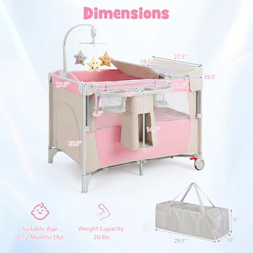 Image of BABY JOY 5-in-1 Pink Pack and Play, Portable Baby Bedside Sleeper with Bassinet, U-Shaped Diaper Changer, Safety Strap, Side Zipper Entrance, Hangings, Bedside Crib Playard from Newborn to Toddlers