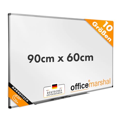 OfficeMarshal Magnetisches Whiteboard 90x60cm mit Alurahmen und abnehmbare Stiftablage für Büro...