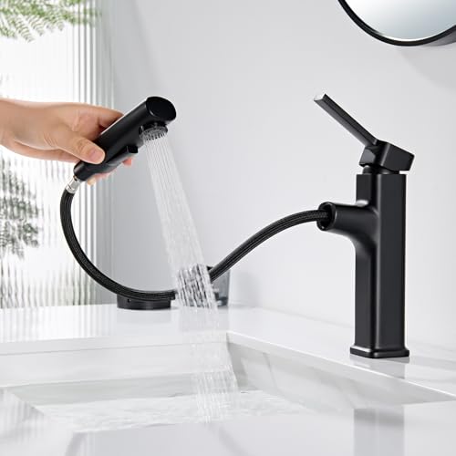HanCrobiyx Robinet Salle de Bain avec Douchette Extractible, Mitigeur Lavabo avec 2 Types de Jet, Robinet Lavabo Acier Inox, Robinet Lave Main Extensible Chaud...