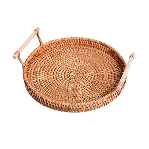 GRIRIW 1pc Rattan Tray Round Serving Tray Sundries Organizer Basket Snack Tray Woven Serving Tray Appetizer Plate Woven Tray Serving Wicker Tray Woven Storage Basket Rattan Platter Wooden