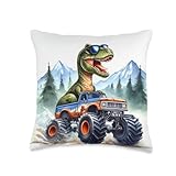 Tyrannosaurus Rex Driving Monster Truck in Mountains Design Throw Pillow