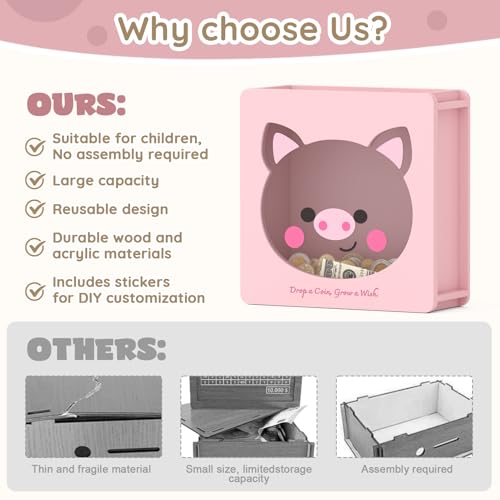 Image of Summidate Wooden Piggy Bank for Kids Girls, Money Savings Box with Clear Removable Windows and DIY Stickers, Personalized Cash Vault Box for Teens & Adults, Birthday /Baby Shower /Wedding Gift